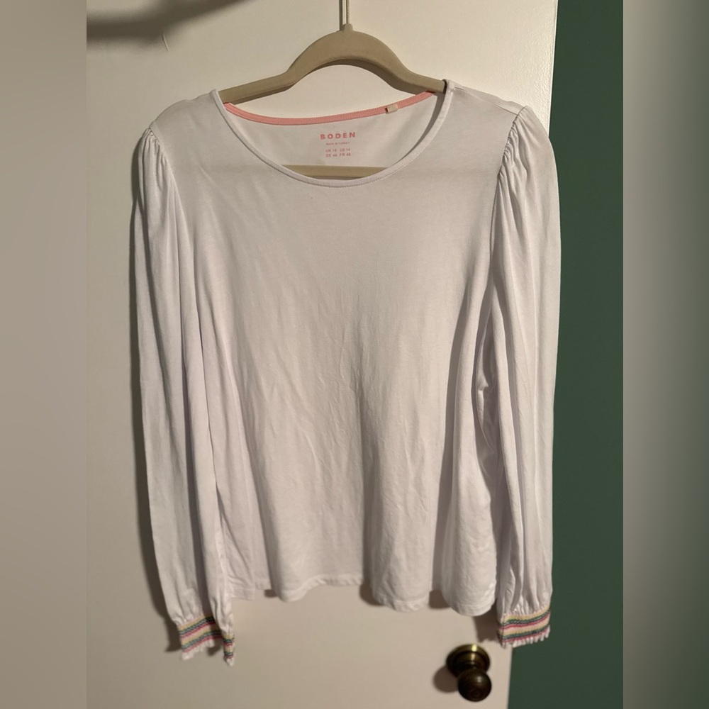 NWOT Boden Smocked Cuff White Long Sleeve Women's Top, Size 14